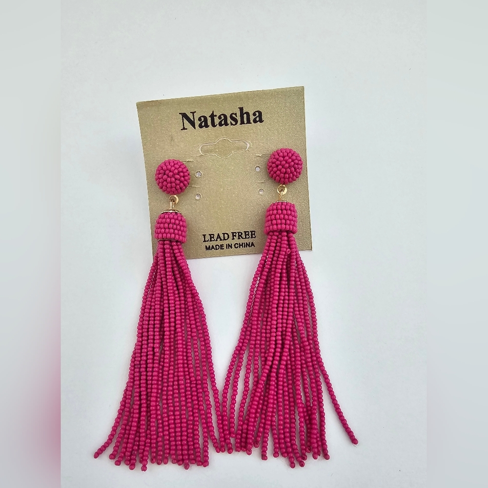 Natasha Beaded Tassel Drop Earrings - New On Card Fuchsia / Hot Pink